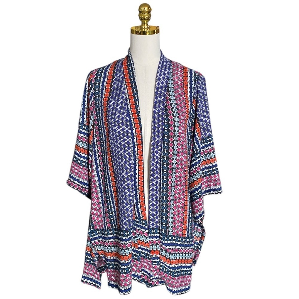 NY COLLECTION Boho Printed Colorful Floral Beachy Kimono Duster Coverup Size L